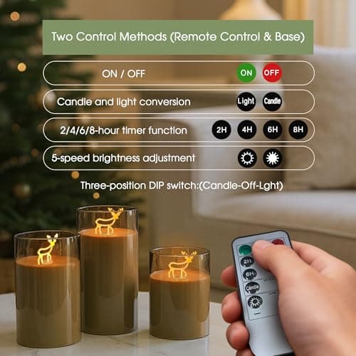 L LOHAS LED Christmas Electronic Candle Night Lights with Remote, 3-Pack Reindeer LED Flameless Candles, Battery Operated Flickering Night Light, 5 Brightness Levels & Timer, for Holiday Home Decor - Thumbnail 3