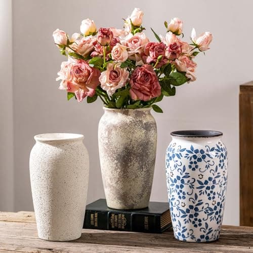 Rustic Farmhouse Flower Large Ceramic Vase, Vintage Pampas Grass Vase, White Modern Decorative Ceramic Flower Vase for Home Decor, Table, Living Room Decoration, Shelf Decor, Mantel, 9.8 Inch - Thumbnail 6