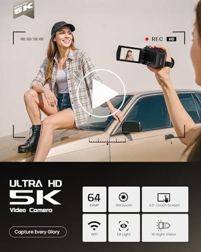 5K Video Camera Camcorder, UHD 64MP Vlogging Camera for YouTube with 3" 270° Rotatable Touch Screen, Digital Camera with IR Night Vision, 16X Zoom/WiFi/Webcam/HD/32GB Card/2 Batteries/Microphone - Thumbnail 2