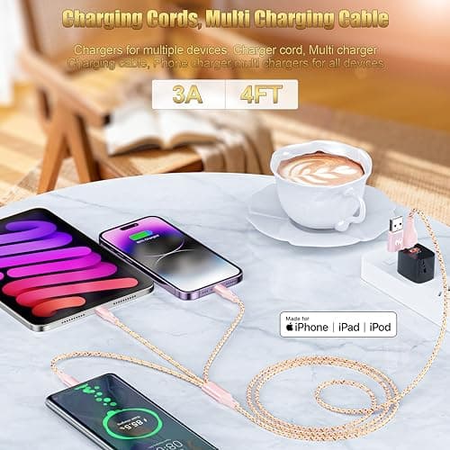IDISON Multi Charging Cable (4ft 2Pack), 3 in 1 Charging Cable Nylon Braided USB A/C Port iPhone Charger Cord with Type C Lightning USB for Apple iPhone Android Phone -Rose Grey - Thumbnail 4