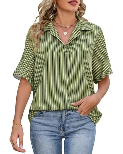 IEEILULU Womens Striped Collared Shirt Dressy Casual Short Sleeve Shirt Blouse Tops Oversized Business Work Shirts Green Striped M - Image 1