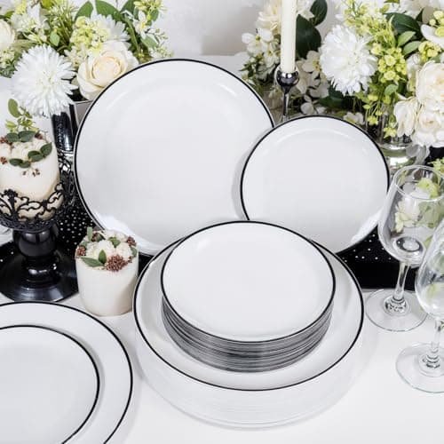 LIYH 60 Pcs White Plastic Disposable Plates for Party With Black Rim - White and Black Plates Includes 30 Dinner 10.25" & 30 Appetizer/Dessert Plate 7.5" for Wedding Party Birthday - Thumbnail 2