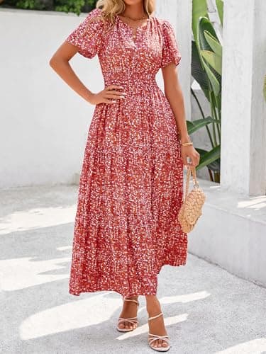 BTFBM Womens Summer Floral Maxi Dresses V Neck Short Sleeve Boho Casual Flowy Long Wedding Guest Dress Beach Vacation(Floral Orange Red, Small) - Thumbnail 2