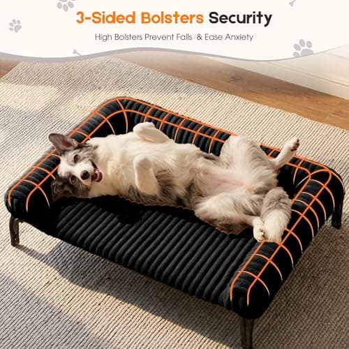 Elevated Dog Bed with Removable Fluffy Pillow Cushion, Raised Pet Cot Washable Bolster, Dog Couch Sofa, Anti Slip Feet, Breathable Mesh, Matte Black, 36"×26" - Thumbnail 4