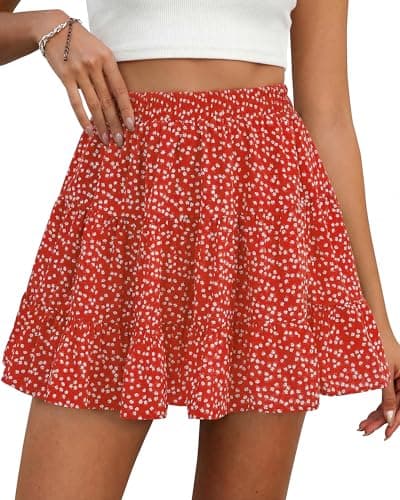 BTFBM Summer Skirts for Women 2026 Floral High Waist Shorts Underneath Boho Tiered Flowy Tennis Skorts Casual Mini Skirt(Floral Red White, Medium) - Image 1