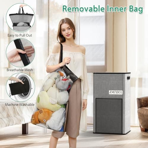 Laundry Hamper with Lid 110L, Large & Tall Laundry Basket with Removable Bag & Front Mesh Bag, Collapsible Dirty Clothes Hampers for Bedroom Aesthetic, Bathroom, Dorm, Laundry Room - Easy Carry, Grey - Thumbnail 3