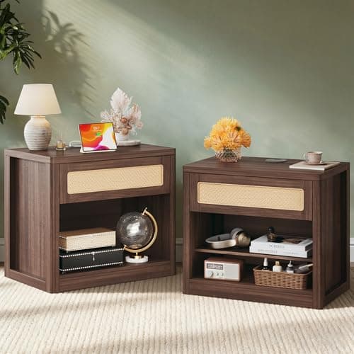 HUAHUU Wide Nightstand Set of 2, 26" Mid Century Modern Wooden Night Stand, Rustic Bedside Table with Rattan Drawer, Large Side End Table with Wireless Charging, Vintage Storage, Walnut - Image 1
