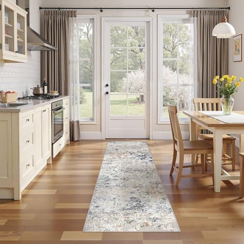 DMOYEST Washable Runner Rug for Hallway: 2x6 Neutral Modern Abstract Low Pile Area Rug with Non-Slip Backing - Carpet for Bedroom Kitchen Laundry Entryway Bathroom Indoor - Beige Blue - Thumbnail 6