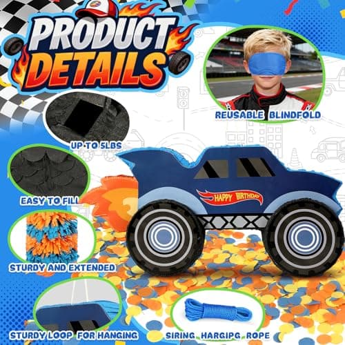 27" Race Car Piñata, Monster Truck Pinata Bundle with Blindfold and Bat Party Favors for Kids Boys Exciting Party Games Supplies - Thumbnail 4