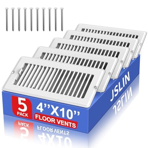 4x10 Floor Regsiter - 5 Pack Vent Covers for Home Floor Wall Ceiling - White with Screws for Easy Installation - Heavy Duty Steel Walkable Finish for Quiet Adjustable Airflow HVAC Register Grilles