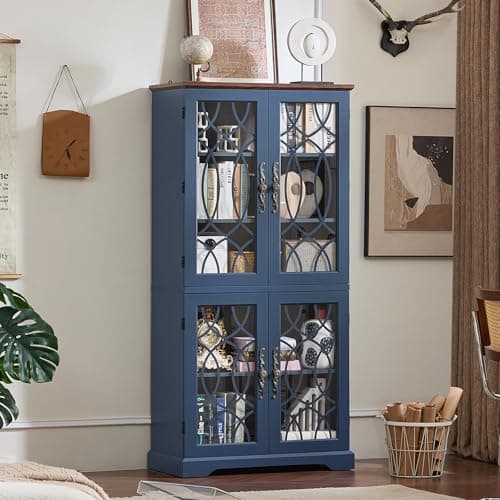 Joaxswe 67" Tall Bookshelf, Rustic Book Shelf w/Vintage Pattern Tempered Glass Doors, 5-Tier Wood Bookcase with Adjustable Storage Shelves, Retro Curio Display Cabinet for Living Room, Navy Blue - Thumbnail 6