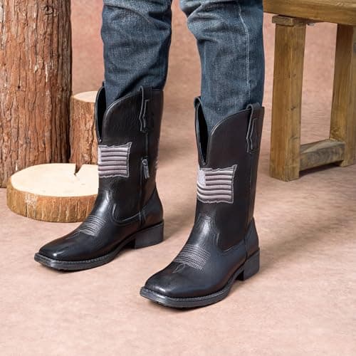 Jousen Cowboy Boots for Men with Flag Embroidery Square Toe Boots for Men Classic (AMY8423 black 09) - Thumbnail 6