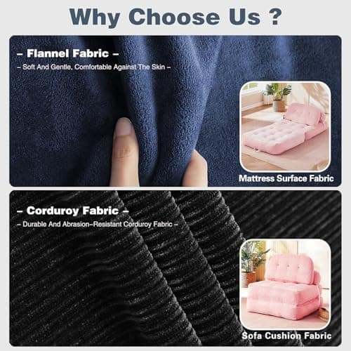 NESLAKO Folding Sofa Bed, Flannel Futon Couch Bed with Pillow and Blanket, Convertible Sleeper Chair for Living Room Bedroom, Pink - Thumbnail 4