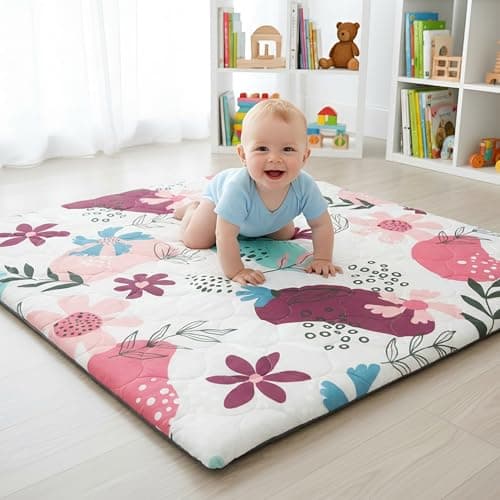 PaPaMat 1.5" Thick Foam Play Mat 50x50 Removable & Machine Washable Cover Baby Play Mat for Floor, Softness Easy Clean Hygienic Comfort Safety Kids Non-Slip Crawling Living Room (Floral)