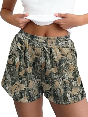 LOGENE Camo Sweat Shorts for Women Casual Elastic High Waist Comfy 2026 Summer Lounge Athletic Sweatpant Shorts with Pockets Dark Branch Medium - Image 1