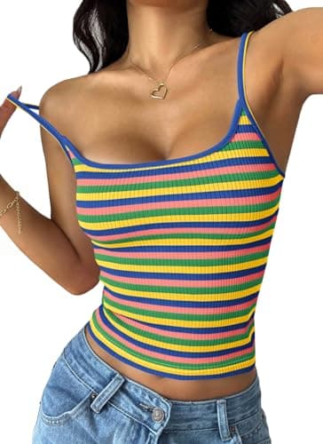 PRETTYGARDEN Women Summer Crop Tops Sleeveless Spaghetti Strap Tank Striped Cami Knit Y2K Clothes Slim Fit Spring Shirts(Blue Green,Large) - Image 1