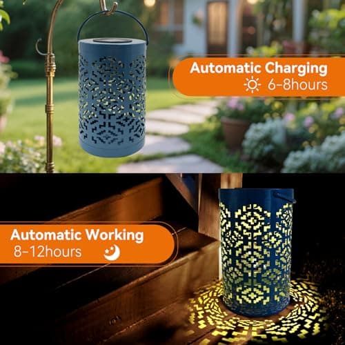 CBAXEAXM 2PCS Solar Lanterns Outdoor Waterproof Hanging Solar Light Metal Tabletop Lantern with Hollowed-Out Design for Garden Yard Patio Porch Table Decor Gifts for Women, Pink+ Dark Blue - Thumbnail 3