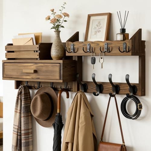 Dellicasi 29" Coat Rack Wall Mount with Shelf & Drawer, Heavy Duty Wood Entryway Organizer, Wall Coat Hanger with 12 Metal Hooks, Wall Mounted Coat Rack Key & Mail Holder for Living Room, Bedroom - Image 1