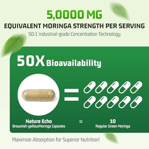Nature Echo Moringa Capsules 1000mg, 50:1 High Potency Extract- Superfood Supplement - Vegan, Non-GMO, Gluten Free - 120 Capsules - Thumbnail 5
