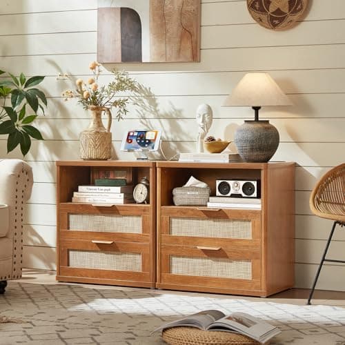 LEYAOYAO Rattan Nightstands Set of 2 with Charger Station, 23" Wide Boho Night Stand with 2 Drawers, Natural Wood Bedside Table Open Shlef, Bed Side End Table Dresser for Bedroom, Living Room Hallway - Thumbnail 6