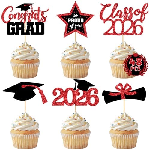 48 PCS Graduation Cupcake Toppers, Glittery 6 Styles Congrats Grad Cake Topper, Black and Red Graduation Decorations 2026, Cap and Diploma Cake Picks for Grad Party Supplies