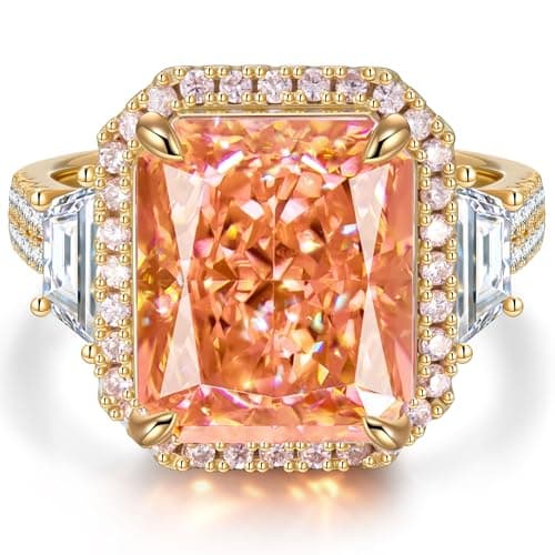 Moissa Sunset Glow 8CT Lab Zircon 14K Yellow Gold Plated Silver Rings for Women, Statement Cocktail Ring for Party Engagement Promise Wedding Anniversary Birthday, Jewelry Gift for Wife Mom Grandma - Padparadscha Radiant Cut Halo Ring - Image 1