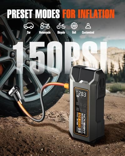 NOVSIGHT Jump Starter With Air Compressor - 6000A 13-in-1 Portable Jump Box for Car Battery, 12V Jump Starter Power Pack(ALL Gas/10L Diesel) 150PSI Auto-Shut Tire Inflator & Air Inflator/Deflator Pump - Thumbnail 4