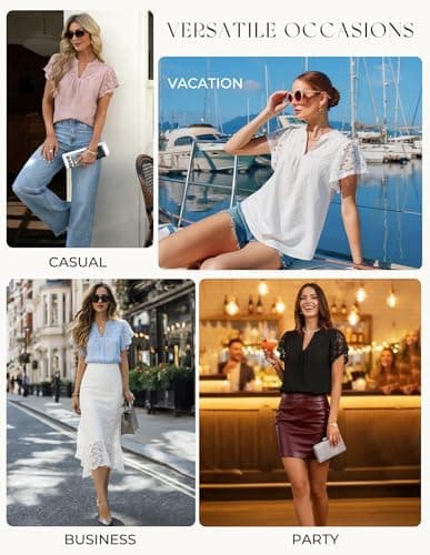 GRACE KARIN Lace Short Sleeve Tops Flowy,Dressy Casual Cotton Blouses Eyelet,V Neck Dress Shirts Trendy Clothing Summer 2026 Light Blue - Thumbnail 6