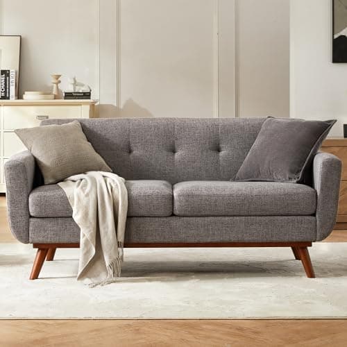 Kingfun 65.2" W Loveseat Sofa, Mid Century Modern Decor Love Seat Couches for Living Room, Button Tufted Upholstered Furniture, Solid & Easy to Install Small Couch for Bedroom Office Apartment, Grey - Image 1