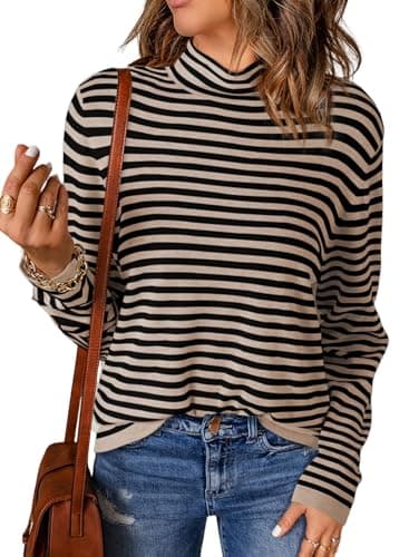 Dokotoo Womens Sweaters Spring Long Sleeve Turtleneck Sweater Casual Khaki Stripe Lightweight Knit Pullover Sweaters for Women Fashion 2026 Jumpers Tops Small - Image 1