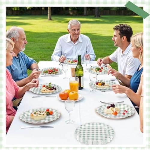 NatNarr 30 Pcs Sage Green Gingham Plates, 7 Inch Scalloped Camping Plaid Dessert Dinner Party Plates Green and White Gingham Party Supplies for Picnic, Baby & Bridal Shower, Wedding - Thumbnail 6