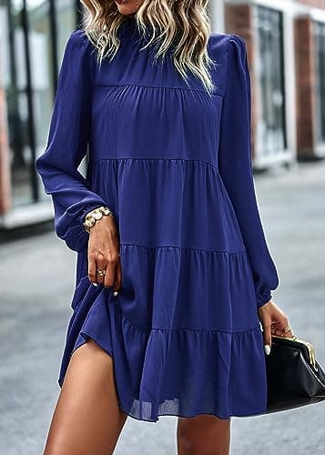 KIRUNDO Long Sleeve Baby Doll Dresses Women 2026 Casual Spring Summer Ruffle Mock Neck Tiered Mini Flowy Swing Shift Dress(Blue, Large) - Thumbnail 4