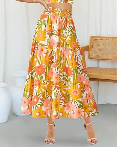 BTFBM Skirts for Women Floral Print Fall Fashion 2026 A Line Elastic High Waist Boho Holiday Maxi Skirt Pockets(Floral White Yellow, X-Large) - Thumbnail 2