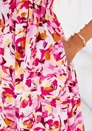 PRETTYGARDEN Boho Dresses for Women 2026 Summer Floral Short Sleeve V Neck Smocked Flowy Beach Vacation Maxi Dress (White Pink Floral,Small) - Thumbnail 5
