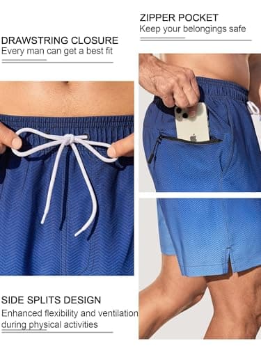 SILKWORLD Men's Swim Trunks Quick Dry Bathing Suits 6 Inch Swimming Shorts with Compression Liner and Zipper Pockets, Gradient-Blue Stripe, Medium - Thumbnail 2