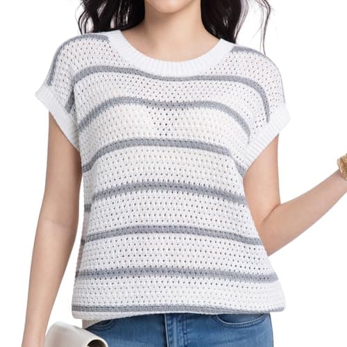 Womens Sweater Vest Round Neck Striped Short Sleeve Sweater Tops Casual Trendy Spring Fall Clothes(White+Grey Stripe,Large) - Image 1