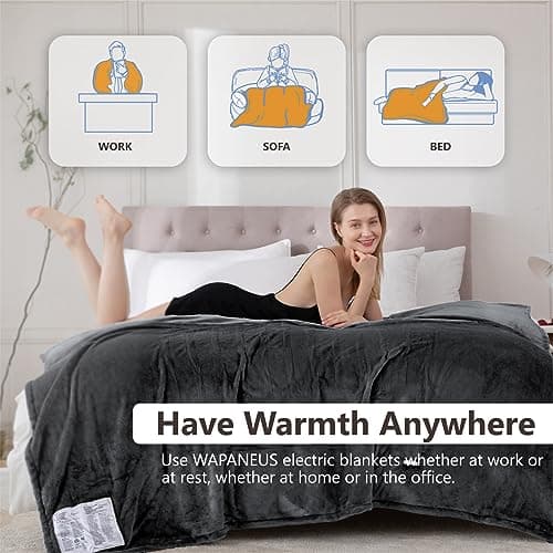 Wapaneus Heated Blanket Full 72" x 84" Electric Throw 10 Heating Levels 12 Hours Time Setings and Auto-Shut Off, Flannel Fast-Heating Electric Blanket, Grey - Thumbnail 3