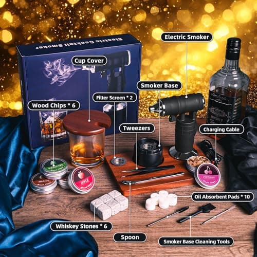 Whiskey Smoker Electric Set Bourbon Christmas Gifts for Men Old Fashioned Smoker Drink With 6 Wood Chips and 6 Whiskey Stones Food and Cocktail Smoked Kitchen Bar Tools Cool White Elephant Gifts Black - Thumbnail 2