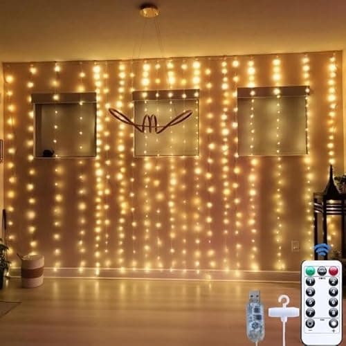 300LED Fairy Curtain Lights, 9.8x9.8Ft Warm White USB Plug in 8 Modes & Timer Christmas String Hanging Lights with Remote for Bedroom Indoor Outdoor Weddings Party Wall Decorations(Warm White) - Image 1