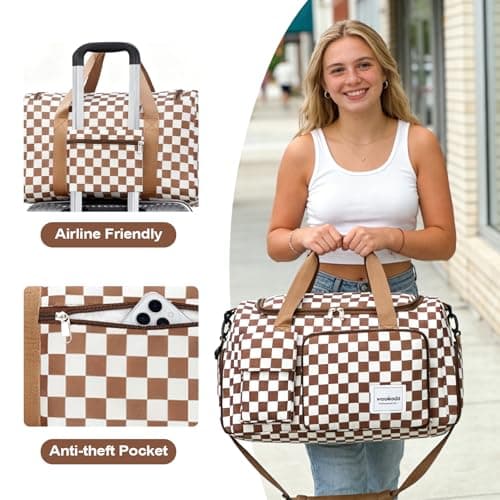 WOOMADA Foldable Travel Duffel Bag for Women, Weekender Bags with Shoes Compartment,Overnight Bag with Wet Pocket & Trolley Sleeve(brown checkerboard) - Thumbnail 6