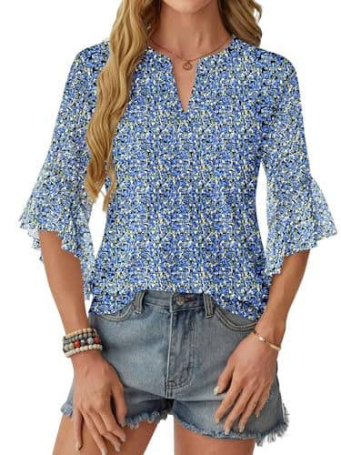 GKBK Womens 3/4 Sleeve Tops Dressy Casual Business Work Blouses Office Shirts Blue XL - Thumbnail 2