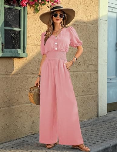 LOOKBOHO Womens Jumpsuits Dressy Puff Smocked High Waist Short Sleeves Wide Leg Rompers Formal V Neck One Piece Pink XL - Thumbnail 6