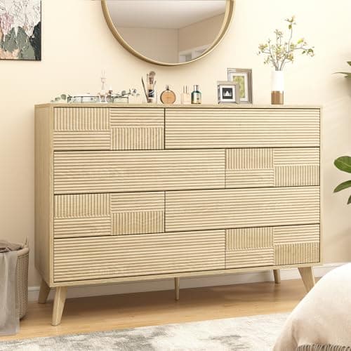 Hadulcet Wood Dressers for Bedroom 47” Wide, Large 8 Drawer Dresser TV Stand, Modern Chest of Drawers for Closet Clothes Storage Organizer with Fluted Panel, No Handles Design, Natural Oak - Thumbnail 3