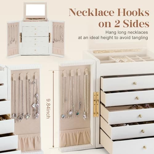 Dajasan Large Jewelry Organizer Box, Jewelry Boxes for Women Girls, 6-Tier Jewelry Storage Organizer with Mirror for Necklace Ring Bracelet Watch, Gift Idea (White) - Thumbnail 2