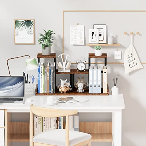 Gannyfer Desk Shelf Organizer - Wood Desktop Shelf, Freestanding Desk Hutch Office Decor, 3 Tier Storage Display Rack, Small Bookshelf with Metal Frame for Books/Plants/Toys (Rustic Brown Black) - Thumbnail 6