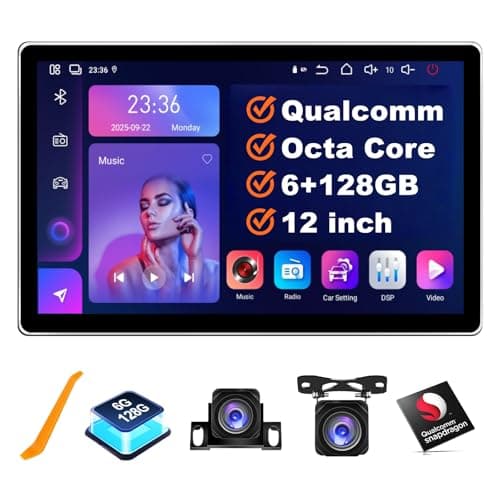6+128GB Android 15 Qualcomm Car Stereo with Wireless CarPlay Android Auto, 12 inch QLED Touch Screen Upgrade GPS Navigation with AHD1080P Front and Rear Camera, Octa Core, WiFi, Bluetooth, Support 4G
