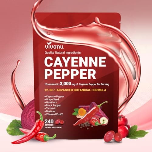 VivoNu Cayenne Pepper Softgels Supplement, Supports* Leg Vein*, Heart* and Blood* Vessel Health*, with Vitamin E D3+K2 and Extracts of Grape Seed, Hawthorn, Beetroot, Berberine and Others - Image 1