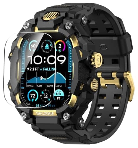 Deczone Band with Rugged Case Compatible with Apple Watch Bands 49mm (Ultra 3/2/1), Sport iwatch Bands Protective Bumper Cover for Men (49mm Gold) - Image 1