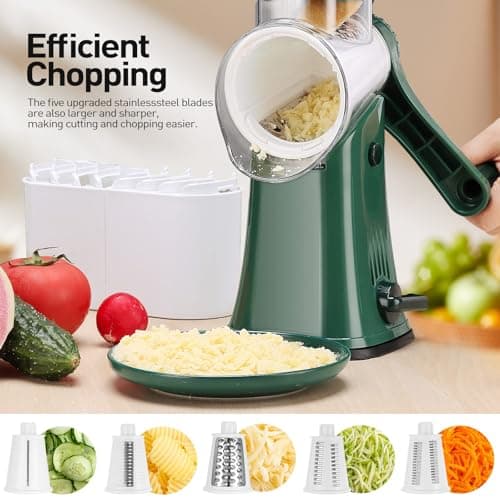 APSARAS USA Rotary Cheese Grater, 5 in 1 Rotary Grater, Cheese Grater Hand Crank, Replaceable Stainless Blades Cheese Shredder, Cheese Slicer, Easy to Clean Kitchen Gadgets with Storage Box - Thumbnail 3