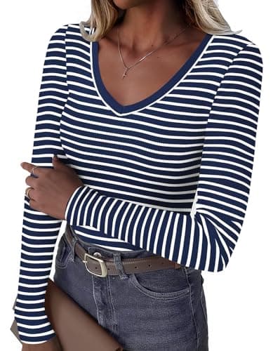 GKBK Womens 3/4 Sleeve Scoop Neck Tops Ribbed Knit Slim Fitted Casual Basic Tee Shirts 2026 Summer Fashion Trendy Work Casual T-Shirt Undershirts Layering Clothes Navy Blue White Stripe M - Image 1
